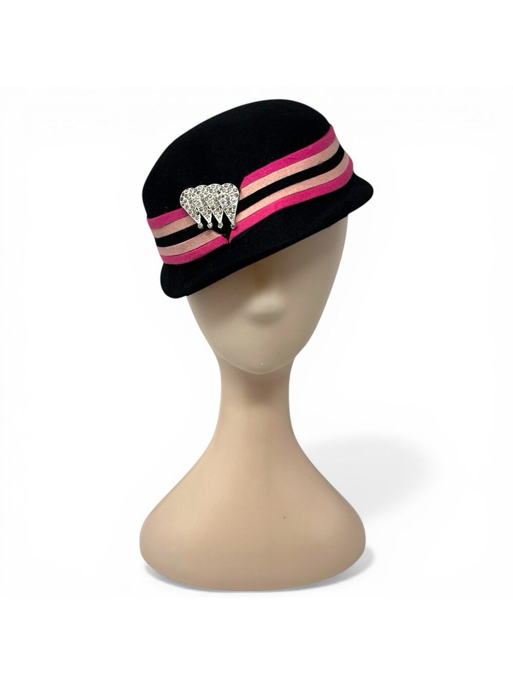 Vintage 1960s Fur Felt Pillbox Hat Pink Black Rhinestone Brooch Jackie O